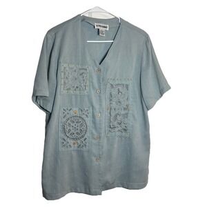 Alfred Dunner Embroidered Linen Blend Button Top Women's Size 12‎ Blue